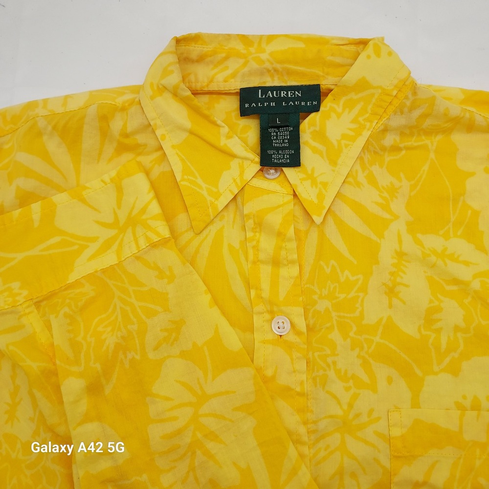 Lauren Ralph Lauren Yellow Floral Cotton Button Dow Shirt Tropical Hibiscus SZ L